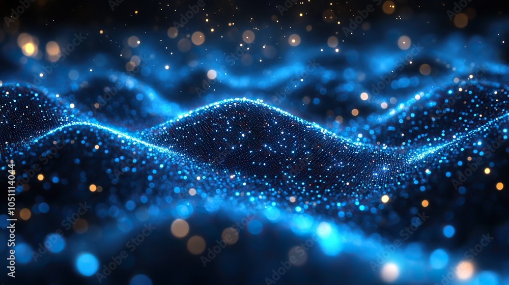 Poster blue background with digital technology elements, symbolizing dat science and artificial intelligence with glowing effects.