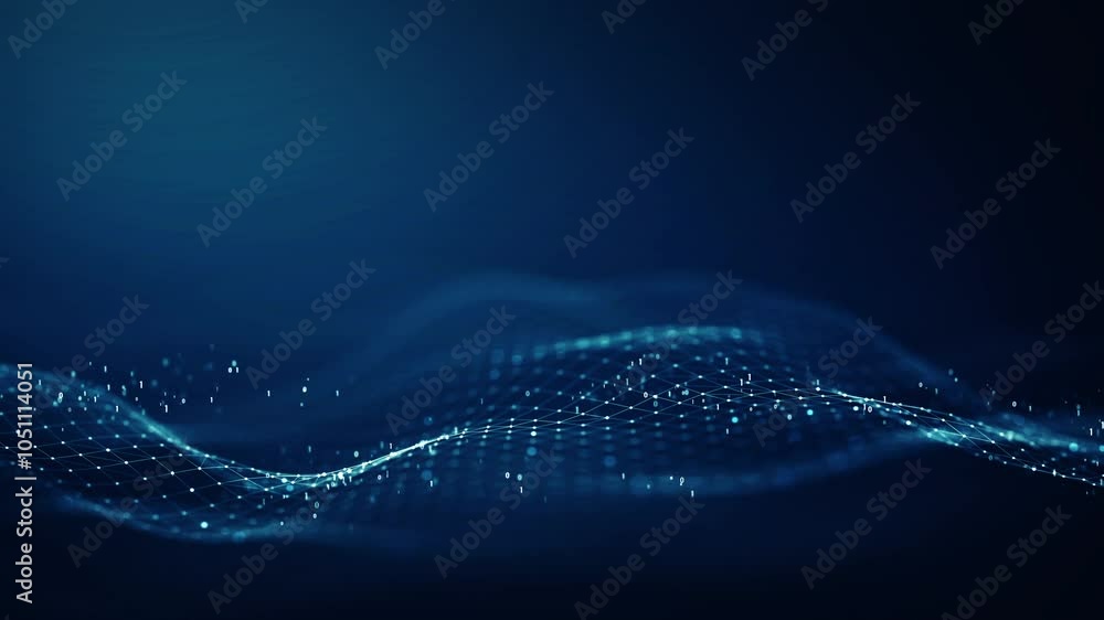 Poster big data concept. elegant blue digital wave with binary particles on a dark background, depicting mo