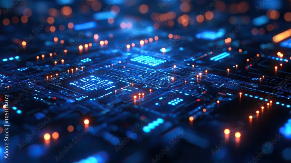 Poster blue background with digital technology elements, symbolizing dat science and artificial intelligence with glowing effects.illustration