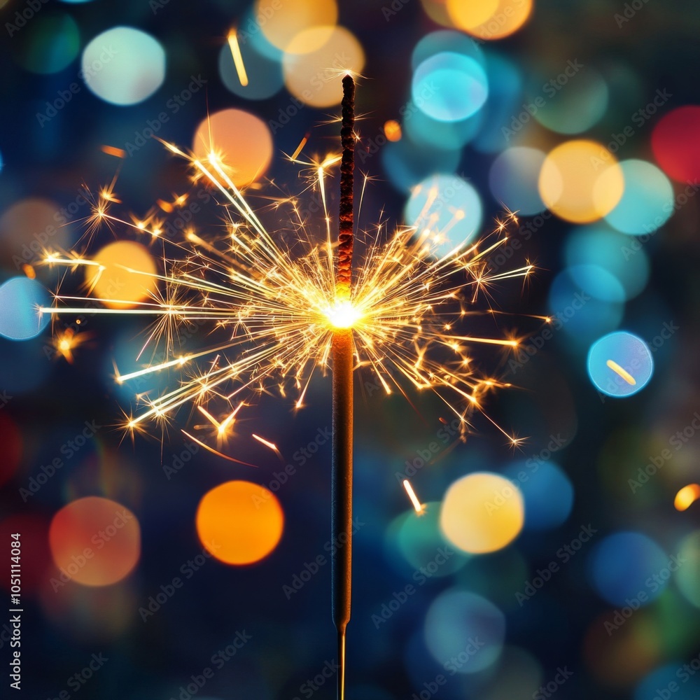 Poster a single sparkler with bright sparks against a background of colorful bokeh lights.