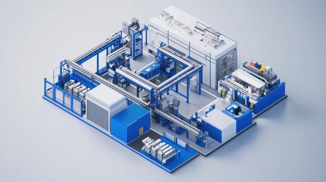 Data visualization concept with 3D stylized blue and white schematic smart factory,