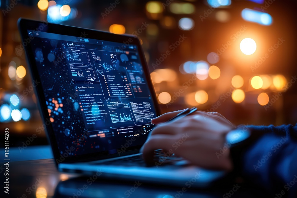 Poster exploring innovative technology through data analytics on a laptop in a modern environment