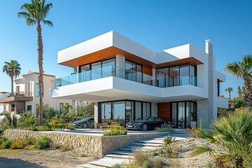 Fototapeta premium Modern white house with a stone wall and lush landscaping.