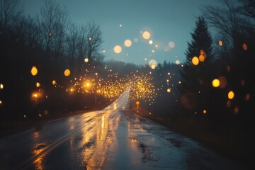 Wet Road at Night with Scattered Golden Lights