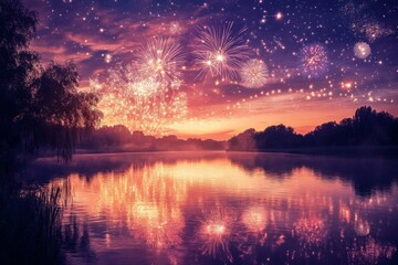 Fototapeta premium Fireworks Display Reflected in Calm River Water at Sunset