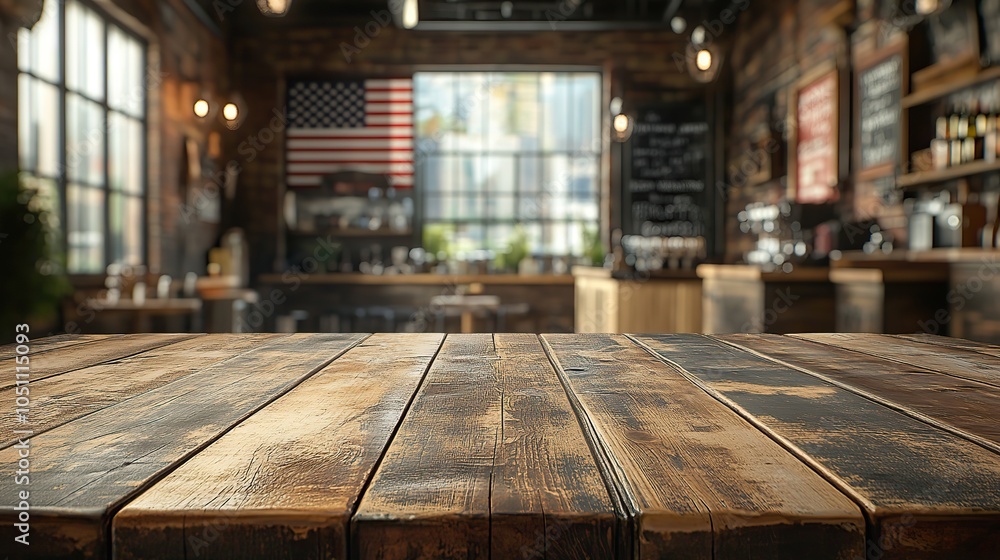 Poster blurred american flag with wooden table in the foreground, ready for product display.