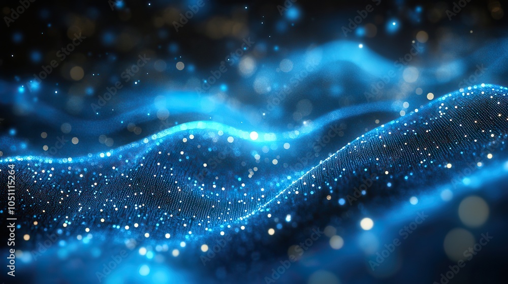 Poster blurred blue background with lines and dots, used as technology banner for business or dat visualiza