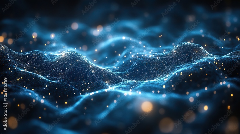 Poster blurred blue background with lines and dots, used as technology banner for business or dat visualiza