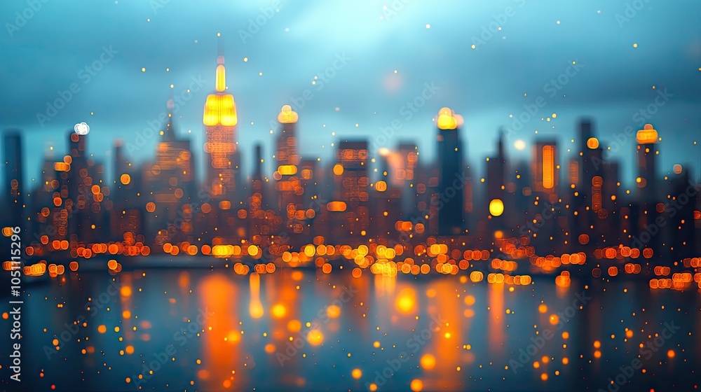 Poster blurred cityscape with soft golden lights in the background, creating warm urban atmosphere.
