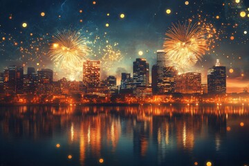 Obraz premium Cityscape with Fireworks Display Over Water