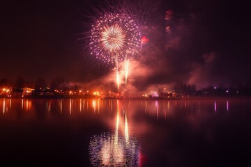 Fototapeta premium Fireworks Display Reflected in Calm Lake Water at Night