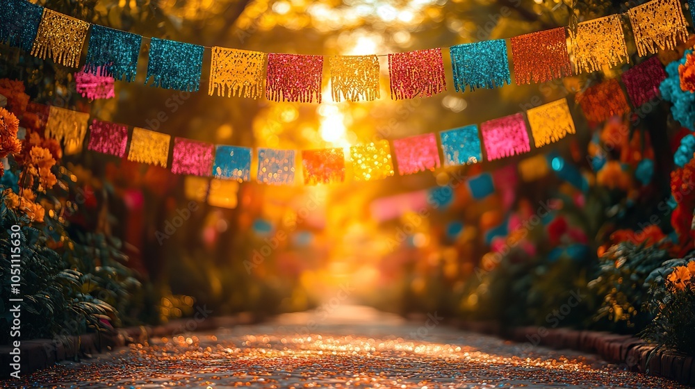 Poster blurred outdoor mexican fiest scene is filled with sparkling sequins and festive colors, creating an
