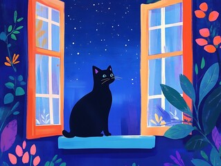 Illustration art of a cat standing by an open window