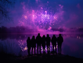 Fototapeta premium Silhouetted figures watching fireworks over a lake at night
