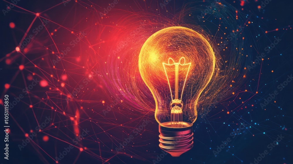 Poster a visually striking image of a light bulb surrounded by swirling lines and dots in a gradient of war