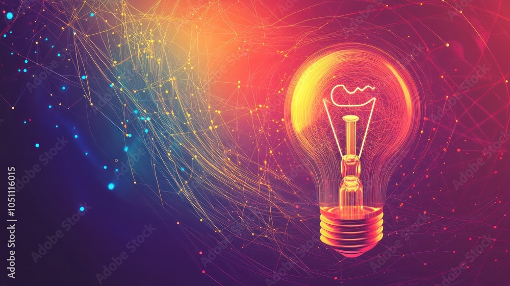 Poster a visually striking image of a light bulb surrounded by swirling lines and dots in a gradient of war