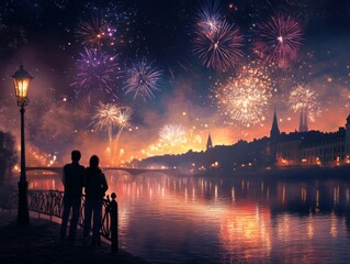 Fototapeta premium Couple Silhouetted Against Fireworks Over Cityscape