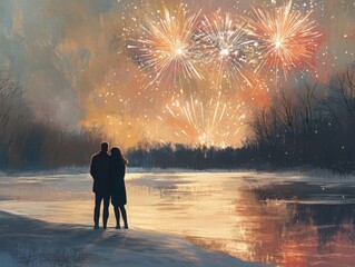 Fototapeta premium Couple Silhouetted Against Fireworks Over a Frozen Lake