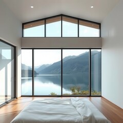 Obraz premium A bedroom with a large window overlooking a lake