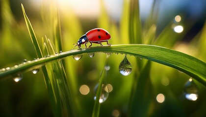 Fresh morning dew and ladybirds