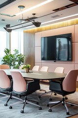 Fototapeta premium A stylish meeting area with a large screen for video calls. Remote team members can easily join discussions