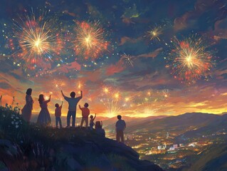 Fototapeta premium Family Silhouettes Admiring Fireworks Display Over Cityscape
