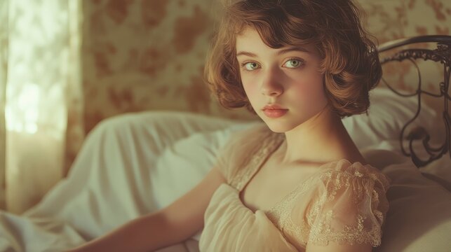 "Creole teenage girl in 1920s style dress with green eyes and determined expression sitting on bed in Atlanta bedroom, vintage filtered full-body shot