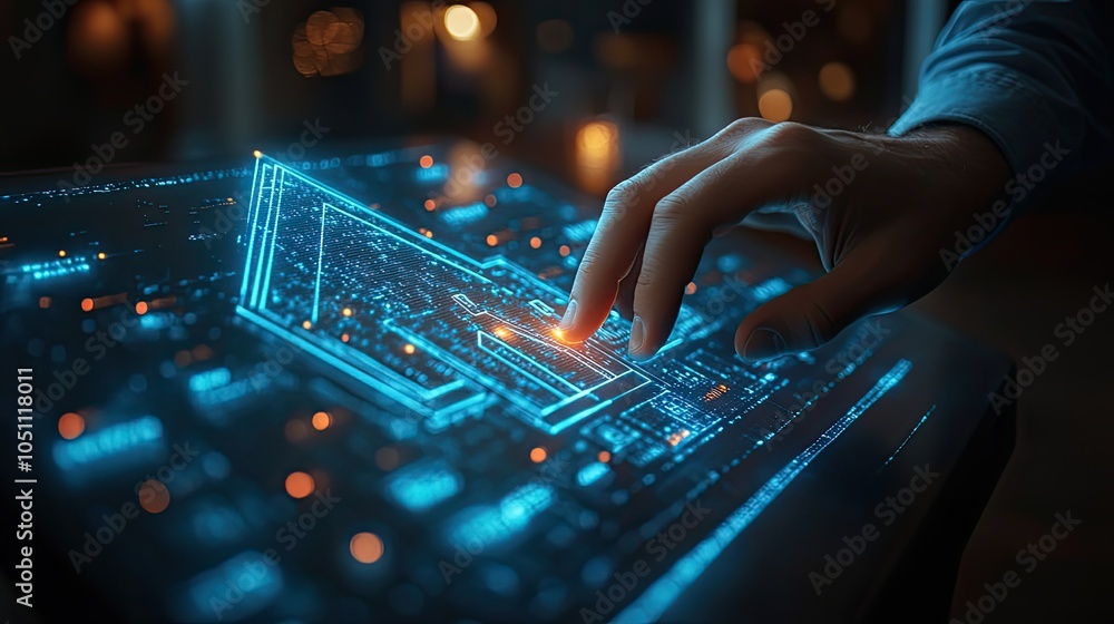 Aufkleber businessman interacts with smart home digital interface, depicted inrendering.image