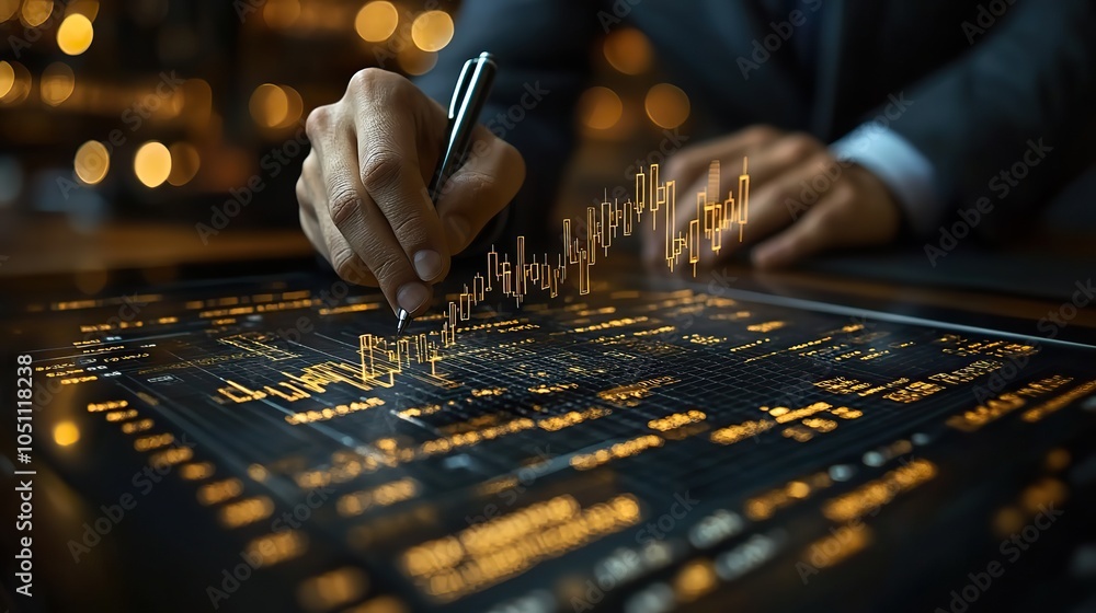 Aufkleber businessman sketches an upward arrow graph on virtual screen with icons representing financial growt