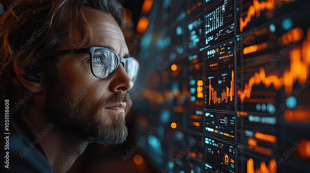 Poster businessman using cyber interface for finance and AI dat visualization.illustration