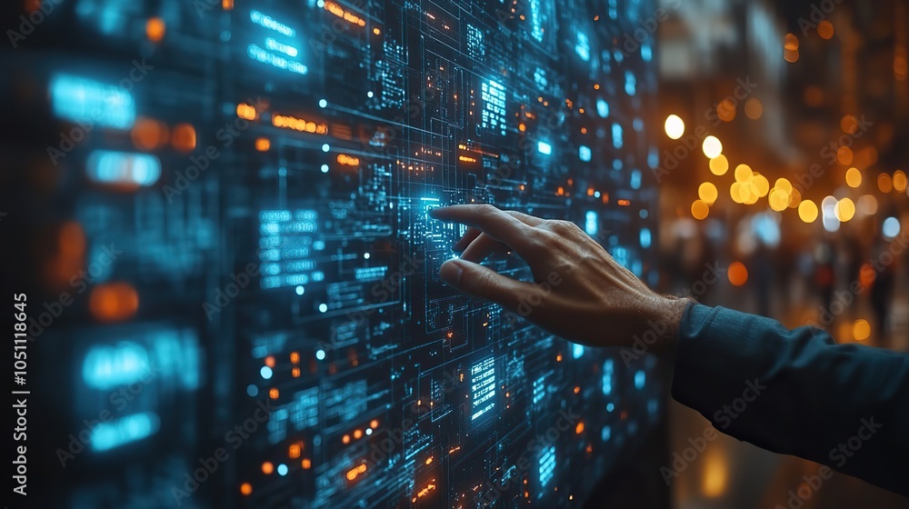 Poster businessman using cyber interface for finance and AI dat visualization.image