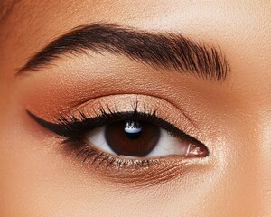 Naklejka premium A close-up of a beautifully made-up eye featuring warm tones, defined eyeliner, and well-groomed brows, capturing a glamorous and polished look.