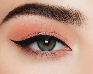 A close-up of an eye featuring a bold eyeliner and soft eyeshadow, showcasing striking green iris and well-groomed eyebrow.