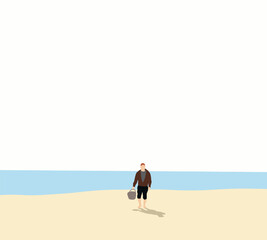 Man holding bucket walking on the beach. Sandbox toy. Tropical summer beach vacation. Minimal design.