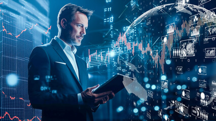 High-tech stock market analysis scene with person using tablet