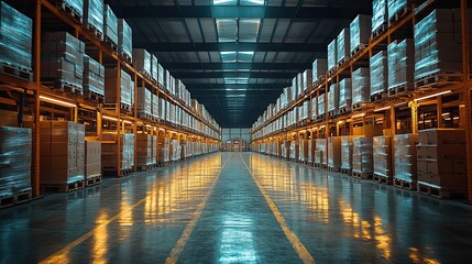 Obraz premium busy warehouse filled with boxes and pallets, showcasing the industrial atmosphere of storage facility.image