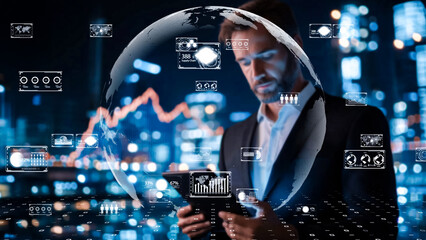 High-tech stock market analysis scene with person using tablet