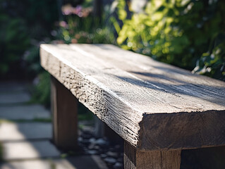 Fototapeta premium rustic wooden bench in a lush garden setting with sunbeams shining through the leaves