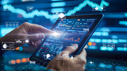 High-tech stock market analysis scene with person using tablet