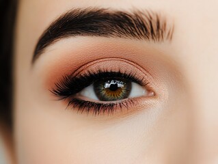 Naklejka premium A close-up of a woman's eye showcasing a stunning eyeshadow look, defined lashes, and well-groomed brows.