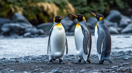 Obraz premium Three King Penguins Standing on a Rocky Beach
