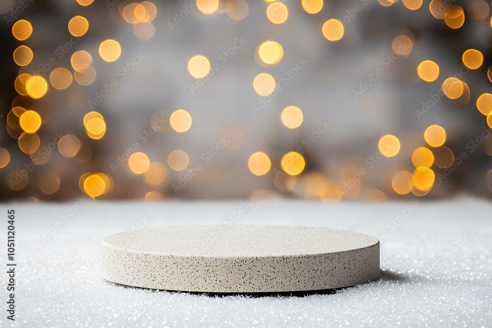 Poster simple podium with soft snowfall and warm bokeh lights in background creates festive atmosphere