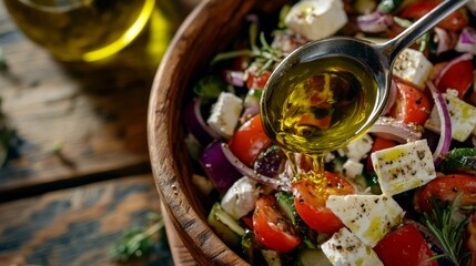 Fresh Salad with Olive Oil Drizzle on Rustic Table