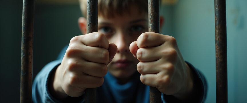 Young Boy Behind Prison Bars Holding Fists in Protest and Desperation