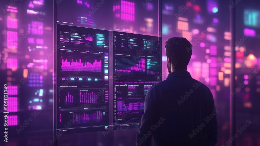 Poster man looking at data on a screen in a neon-lit room