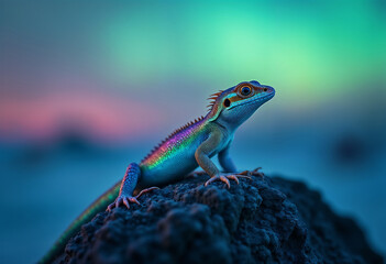 Obraz premium Mystical Chameleon Basking Under Northern Lights with Ethereal Aurora Illuminating Night Sky