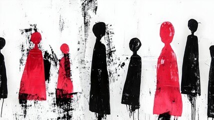 featuring an abstract group of diverse silhouetted human figures in contrasting red and black colors,creating a striking,minimalist,and conceptual visual representation of community,diversity.