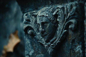 moody close up of carved stone face and foliage in dark blue hues