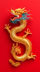 Fototapeta premium Golden Floating Dragon on Red Background