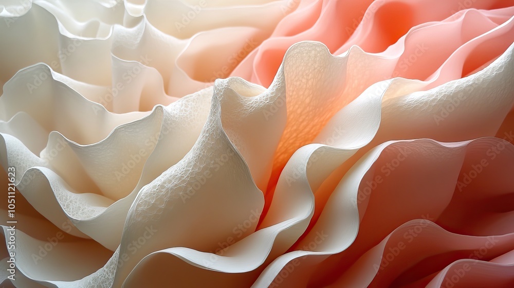 Poster close-up of layered paper sculpture, featuring soft gradient transitions from light beige to pink.il